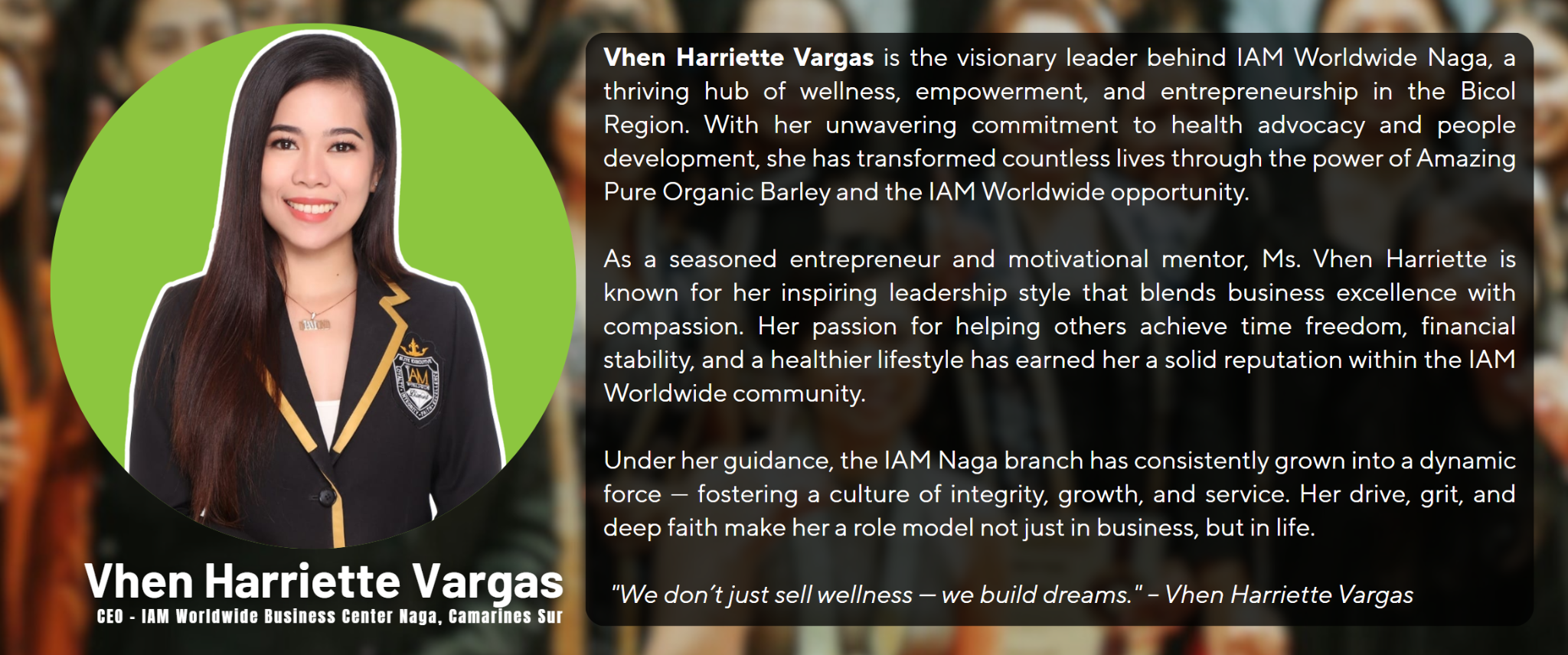 Mentor Vhen Harriette Vargas in her black and gold IAM blazer