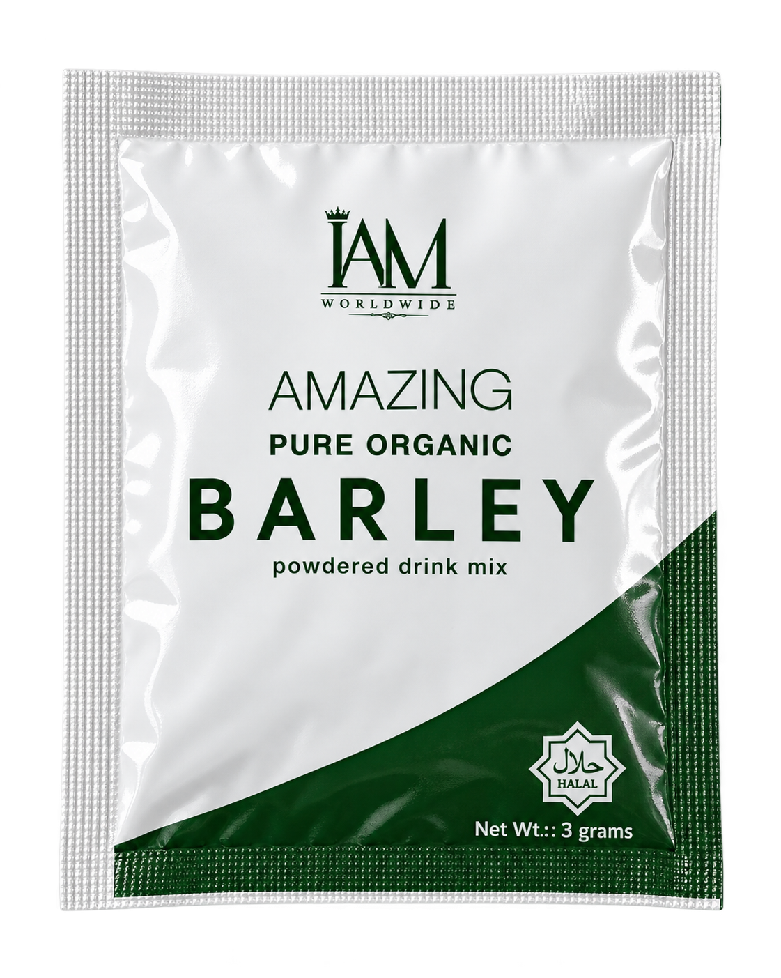 White and green Amazing Pure Organic Barley sachet emerging from the open box